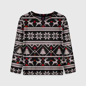 Детский лонгслив 3D с принтом DEER SWEATER СВИТЕР С ОЛЕНЯМИ в городе Новоалтайск, 100% полиэстер | длинные рукава, круглый вырез горловины, полуприлегающий силуэт
 | 2022 | christmas | cold | deer | merry | new | snow | winter | year | буря | вязаный | год | елка | елки | ель | зима | лес | метель | мороз | новый | олени | олень | оленями | рождество | с | свитер | снег | снежинка | снежинки | холод