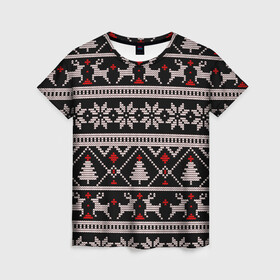 Женская футболка 3D с принтом DEER SWEATER СВИТЕР С ОЛЕНЯМИ в городе Новоалтайск, 100% полиэфир ( синтетическое хлопкоподобное полотно) | прямой крой, круглый вырез горловины, длина до линии бедер | 2022 | christmas | cold | deer | merry | new | snow | winter | year | буря | вязаный | год | елка | елки | ель | зима | лес | метель | мороз | новый | олени | олень | оленями | рождество | с | свитер | снег | снежинка | снежинки | холод