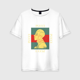 Женская футболка хлопок Oversize с принтом PUCCI GOLD (ПУЧЧИ ЗОЛОТО) в городе Новоалтайск, 100% хлопок | свободный крой, круглый ворот, спущенный рукав, длина до линии бедер
 | 6 часть | gold | stone ocean | гучи | гуччи | джоджо | золото | каменный океан | невероятные приключения | пучи | пуччи | шестая часть