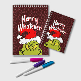 Блокнот с принтом ГРИНЧ | GRINCH | WHATEVER в городе Новоалтайск, 100% бумага | 48 листов, плотность листов — 60 г/м2, плотность картонной обложки — 250 г/м2. Листы скреплены удобной пружинной спиралью. Цвет линий — светло-серый
 | Тематика изображения на принте: 2020 | 2021 | 2022 | christmas | grinch | merry | santa | whatever | гринч | дед мороз | леденец | нг | новогодний | новый год | олени | рождество | санта клаус | свитер | узоры