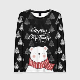 Женский лонгслив 3D с принтом MERRY CHRISTMAS BEARS в городе Новоалтайск, 100% полиэстер | длинные рукава, круглый вырез горловины, полуприлегающий силуэт | 2021 | 2022 | new year | деда мороза | зима | к нам приходит | как у всех | костюм | медвежонок | мишка | новогодний | новый год | праздник | рекомендации | рождество | снег | снежинки | снежок | узор | хочу