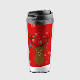 Термокружка-непроливайка с принтом Новогодний олень New Years Deer в городе Новоалтайск, внутренняя часть — пищевой пластик, наружная часть — прозрачный пластик, между ними — полиграфическая вставка с рисунком | объем — 350 мл, герметичная крышка | Тематика изображения на принте: 2021 | 2022 | happy new year | happy new year 2022 | новый год | олень | снег | снежинки | снежный олень | сугроб