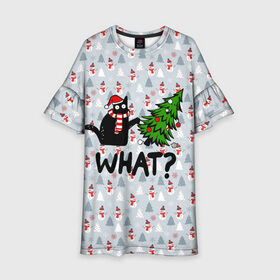 Детское платье 3D с принтом WHAT CAT | CHRISTMAS в городе Новоалтайск, 100% полиэстер | прямой силуэт, чуть расширенный к низу. Круглая горловина, на рукавах — воланы | 2020 | 2021 | 2022 | cat | cats | christmas | merry | what | ват | кот | леденец | мяу | нг | новогодний | новый год | олени | рождество | свитер | узоры