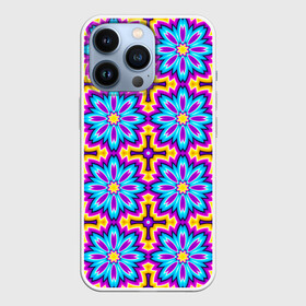 Чехол для iPhone 13 Pro с принтом Синие цветы на желтом фоне (иллюзия расширения) в городе Новоалтайск,  |  | абстракция | аум | галлюцинация | зазеркалье | игра ума | иллюзии | индиго | майя | мантра | медитация | мираж | неон | нирвана | обман зрения | ом | оптические иллюзии | просветление | психоделика