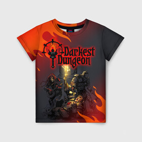 Детская футболка 3D с принтом DARKEST DUNGEON   ТЕМНЕЙШЕЕ ПОДЗЕМЕЛЬЕ в городе Новоалтайск, 100% гипоаллергенный полиэфир | прямой крой, круглый вырез горловины, длина до линии бедер, чуть спущенное плечо, ткань немного тянется | darkest dungeon | darkest dungeon 2 | ад | готика | игра | огонь | пламя | темнейшее подземелье | ужасы