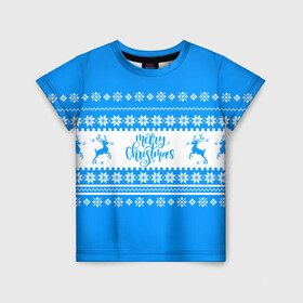 Детская футболка 3D с принтом MERRY CHRISTMAS | BLUE в городе Новоалтайск, 100% гипоаллергенный полиэфир | прямой крой, круглый вырез горловины, длина до линии бедер, чуть спущенное плечо, ткань немного тянется | 2020 | 2021 | 2022 | christmas | merry | santa | дед мороз | кот | леденец | мяу | нг | новогодний | новый год | олени | рождество | санта клаус | свитер | узоры