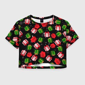 Женская футболка Crop-top 3D с принтом Новогодние паттерн подарков в городе Новоалтайск, 100% полиэстер | круглая горловина, длина футболки до линии талии, рукава с отворотами | 2022 | happy new year | merry christmas | год тигра | зима близко | нг | новогодний | новогодний тигр | новогодняя символика | новый год | новый год 2022 | паттерн | подарки | подарок | праздник | рождество