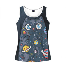 Женская майка 3D с принтом Космический кот в планетах в городе Новоалтайск, 100% полиэстер | круглая горловина, прямой силуэт, длина до линии бедра | животное | космический | космос | кот | кот марсианин | планеты