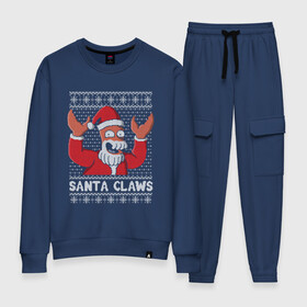Женский костюм хлопок с принтом ЗОЙДБЕРГ КЛАУС, SANTA CLAWS ФУТУРАМА в городе Новоалтайск, 100% хлопок | на свитшоте круглая горловина, мягкая резинка по низу. Брюки заужены к низу, на них два вида карманов: два 