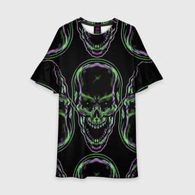 Детское платье 3D с принтом Skulls vanguard pattern 2077 в городе Новоалтайск, 100% полиэстер | прямой силуэт, чуть расширенный к низу. Круглая горловина, на рукавах — воланы | Тематика изображения на принте: fashion | hype | neon | pattern | skull | vanguard | авангард | неон | узор | хайп | череп