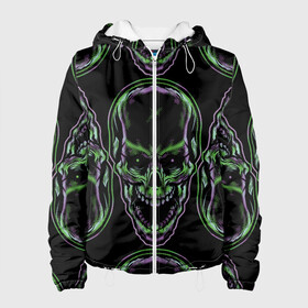 Женская куртка 3D с принтом Skulls vanguard pattern 2077 в городе Новоалтайск, ткань верха — 100% полиэстер, подклад — флис | прямой крой, подол и капюшон оформлены резинкой с фиксаторами, два кармана без застежек по бокам, один большой потайной карман на груди. Карман на груди застегивается на липучку | fashion | hype | neon | pattern | skull | vanguard | авангард | неон | узор | хайп | череп