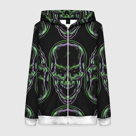 Женская толстовка 3D на молнии с принтом Skulls vanguard pattern 2077 в городе Новоалтайск, 100% полиэстер | длина до линии бедра, манжеты и пояс оформлены мягкой тканевой резинкой, двухслойный капюшон со шнурком для регулировки, спереди молния, по бокам два кармана | fashion | hype | neon | pattern | skull | vanguard | авангард | неон | узор | хайп | череп