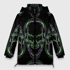 Женская зимняя куртка Oversize с принтом Skulls vanguard pattern 2077 в городе Новоалтайск, верх — 100% полиэстер; подкладка — 100% полиэстер; утеплитель — 100% полиэстер | длина ниже бедра, силуэт Оверсайз. Есть воротник-стойка, отстегивающийся капюшон и ветрозащитная планка. 

Боковые карманы с листочкой на кнопках и внутренний карман на молнии | fashion | hype | neon | pattern | skull | vanguard | авангард | неон | узор | хайп | череп