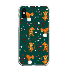 Чехол для iPhone XS Max матовый с принтом тигр и рождество в городе Новоалтайск, Силикон | Область печати: задняя сторона чехла, без боковых панелей | happy new year | merry christmas | год тигра | животные | звери | зеленый | зима | зимний принт | иллюстрация | кошка | красный | леденец | новогодний | оранжевый | подарок | полосатый | рождество | снег | снегопад