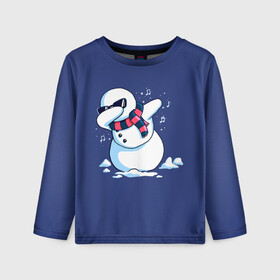 Детский лонгслив 3D с принтом Dab Snowman in a scarf в городе Новоалтайск, 100% полиэстер | длинные рукава, круглый вырез горловины, полуприлегающий силуэт
 | 2022 | 22 | christmas | dab | dub | new | notes | scarf | snow | snowman | snowy | woman | year | баба | год | даб | новый | ноты | очки | рождество | снег | снеговик | снежная | шарф