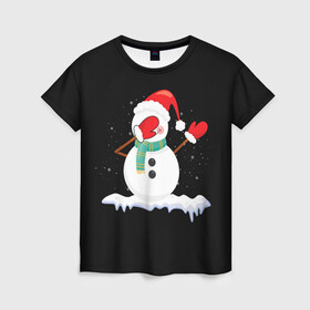 Женская футболка 3D с принтом Cartoon Dab Snowman в городе Новоалтайск, 100% полиэфир ( синтетическое хлопкоподобное полотно) | прямой крой, круглый вырез горловины, длина до линии бедер | 2022 | 22 | cartoon | christmas | dab | dub | mult | new | notes | scarf | snow | snowman | snowy | woman | year | баба | год | даб | мультяшный | новый | очки | рождество | снег | снеговик | снежная | шарф