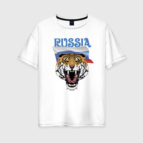 Женская футболка хлопок Oversize с принтом Уссурийский русский тигр в городе Новоалтайск, 100% хлопок | свободный крой, круглый ворот, спущенный рукав, длина до линии бедер
 | courage | fearlessness | flag | force | muzzle | paws | power | russia | tiger | бесстрашие | лапы | мощь | мужество | отвага | россия | сила | тигр | флаг