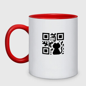Кружка двухцветная с принтом CAT QR CODE в городе Новоалтайск, керамика | объем — 330 мл, диаметр — 80 мм. Цветная ручка и кайма сверху, в некоторых цветах — вся внутренняя часть | cat | cats | meow | qr code | qr код | qrcode | qrкод | quick response code | кот | котик | котики | коты | кошка | кошки | куар | куар код | кью ар код | матричных штриховых кодов | мяу | штриховых кодов