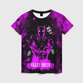Женская футболка 3D с принтом JOJO   KILLER QUEEN   КОРОЛЕВА УБИЙЦА   АРТ в городе Новоалтайск, 100% полиэфир ( синтетическое хлопкоподобное полотно) | прямой крой, круглый вырез горловины, длина до линии бедер | adventure | jojo | jojos bizarre | jojos bizarre adventure | killer queen | pattern | yare yare daze | аниме | брызги | джоджо | манга | розовый | узор | яре яре дазе