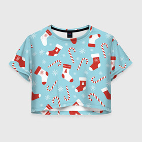 Женская футболка Crop-top 3D с принтом Новогодний узор с конфетами в городе Новоалтайск, 100% полиэстер | круглая горловина, длина футболки до линии талии, рукава с отворотами | 2021 | 2022 | christmas | merry | merry christmas | new year | snow | sweater | ugly christmas | winter | зима | конфеты | новогодний | новогодняя | новый год | носки | рождественский | рождественский свитер | рождество | свитер | снег