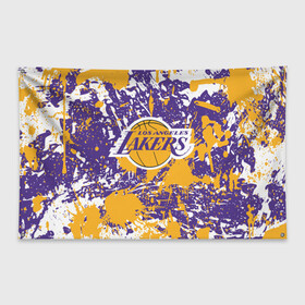 Флаг-баннер с принтом LAKERS ФИРМЕННЫЕ ЦВЕТА БРЫЗГИ КРАСОК LA в городе Новоалтайск, 100% полиэстер | размер 67 х 109 см, плотность ткани — 95 г/м2; по краям флага есть четыре люверса для крепления | Тематика изображения на принте: america | basketball | kobe bryant | la | la lakers | lakers | los angeles lakers | nba | usa | баскетбол | кобе брайант | лос анджелес лейкерс | нба | сша