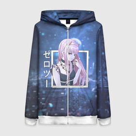 Женская толстовка 3D на молнии с принтом Zero Two в платье, Darling in the Franxx в городе Новоалтайск, 100% полиэстер | длина до линии бедра, манжеты и пояс оформлены мягкой тканевой резинкой, двухслойный капюшон со шнурком для регулировки, спереди молния, по бокам два кармана | darling | darling in the franxx | zero two | вайфу | зеро ту | код 002 | любимый во франксе | милый во франксе | франкс