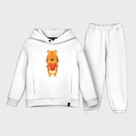 Детский костюм хлопок Oversize с принтом Тигр держит большое сердце в городе Новоалтайск,  |  | Тематика изображения на принте: 2022 | год тигра | новый год | новый год 2022 | символ года | тигр | тигренок | тигрица | тигры