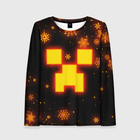 Женский лонгслив 3D с принтом НОВОГОДНИЙ ОГНЕННЫЙ КРИПЕР CREEPER FIRE в городе Новоалтайск, 100% полиэстер | длинные рукава, круглый вырез горловины, полуприлегающий силуэт | 2022 | block | creeper | cube | minecraft | piggy | pixel | tnt | блок | гаст | геометрия | дед мороз | крафт | крипер | кубики | майнкрафт | новогодний minecraft | новогодний майнкрафт | новый год | пиксели | санта клаус | свинья | тнт