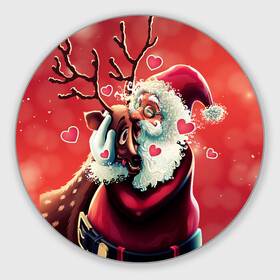 Круглый коврик для мышки с принтом Santa and deer в городе Новоалтайск, резина и полиэстер | круглая форма, изображение наносится на всю лицевую часть | Тематика изображения на принте: new year | арт | графика | дед мороз | зима | новый год | олень | рождество | санта