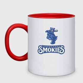 Кружка двухцветная с принтом Tennessee smokies - baseball team в городе Новоалтайск, керамика | объем — 330 мл, диаметр — 80 мм. Цветная ручка и кайма сверху, в некоторых цветах — вся внутренняя часть | baseball | bat | bear | team | tennessee | usa | бейсбол | бита | медведь