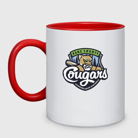 Кружка двухцветная с принтом Kane County Cougars - baseball team в городе Новоалтайск, керамика | объем — 330 мл, диаметр — 80 мм. Цветная ручка и кайма сверху, в некоторых цветах — вся внутренняя часть | baseball | bat | cougar | eyes | forest | muzzle | team | usa | utah | бейсбол | бита | глаза | лес | пума | сша | юта
