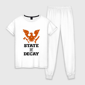 Женская пижама хлопок с принтом State of Decay | Эмблема | Лого в городе Новоалтайск, 100% хлопок | брюки и футболка прямого кроя, без карманов, на брюках мягкая резинка на поясе и по низу штанин | logo | state of decay | survival horror | undead labs | загнивающий штат | зомби апокалипсис | лого | логотип | стадия разложения | стейт оф декай | эмблема