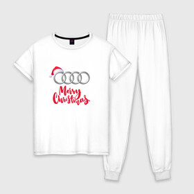 Женская пижама хлопок с принтом AUDI MERRY CHRISTMAS в городе Новоалтайск, 100% хлопок | брюки и футболка прямого кроя, без карманов, на брюках мягкая резинка на поясе и по низу штанин | audi | auto | autosport | perfomance | quattro | rs | sport | авто | авто спорт | автомобиль | автомобильные | автоспорт | ауди | кватро | марка | машины | перфоманс | рс | спорт