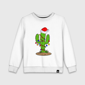 Детский свитшот хлопок с принтом НОВОГОДНИЙ КАКТУС CHRISTMAS CACTUS в городе Новоалтайск, 100% хлопок | круглый вырез горловины, эластичные манжеты, пояс и воротник | 2022 | cactus | christmas | cold | garland | klaus | merry | new | santa | snow | winter | year | герлянды | гирлянда | год | елка | ёлки | ель | зима | кактус | клаус | мороз | новый | рождество | санта | снег | фонарики | холод