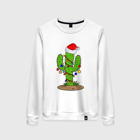 Женский свитшот хлопок с принтом НОВОГОДНИЙ КАКТУС CHRISTMAS CACTUS в городе Новоалтайск, 100% хлопок | прямой крой, круглый вырез, на манжетах и по низу широкая трикотажная резинка  | 2022 | cactus | christmas | cold | garland | klaus | merry | new | santa | snow | winter | year | герлянды | гирлянда | год | елка | ёлки | ель | зима | кактус | клаус | мороз | новый | рождество | санта | снег | фонарики | холод