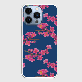 Чехол для iPhone 13 Pro с принтом Веточки айвы с розовыми цветами на синем фоне в городе Новоалтайск,  |  | 8 марта | buds | flowers | quince | айва | бутоны | весна | лето | паттерн | праздник | природа | растения | розовый | синий | флора | цветы