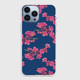Чехол для iPhone 13 Pro Max с принтом Веточки айвы с розовыми цветами на синем фоне в городе Новоалтайск,  |  | 8 марта | buds | flowers | quince | айва | бутоны | весна | лето | паттерн | праздник | природа | растения | розовый | синий | флора | цветы