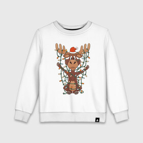 Детский свитшот хлопок с принтом НОВОГОДНИЙ ОЛЕНЬ CHRISTMAS DEER в городе Новоалтайск, 100% хлопок | круглый вырез горловины, эластичные манжеты, пояс и воротник | 2022 | christmas | cold | deer | klaus | mem | meme | memes | merry | new | santa | snow | what | winter | year | гирлянды | год | зима | клаус | мем | мемы | мороз | новый | олень | рождество | санта | снег | холод | что