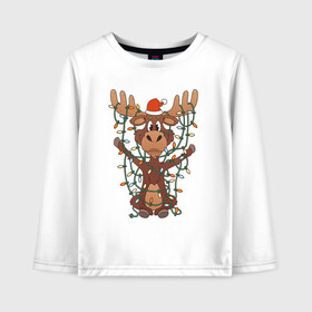 Детский лонгслив хлопок с принтом НОВОГОДНИЙ ОЛЕНЬ CHRISTMAS DEER в городе Новоалтайск, 100% хлопок | круглый вырез горловины, полуприлегающий силуэт, длина до линии бедер | Тематика изображения на принте: 2022 | christmas | cold | deer | klaus | mem | meme | memes | merry | new | santa | snow | what | winter | year | гирлянды | год | зима | клаус | мем | мемы | мороз | новый | олень | рождество | санта | снег | холод | что