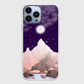 Чехол для iPhone 13 Pro Max с принтом Зимнее лунное небо в горах со снегопадом в городе Новоалтайск,  |  | Тематика изображения на принте: горный | горный массив | горный пейзаж | горы | горы в лунную ночь | горы под луной | зима в горах | зима и горы | зимний | зимняя ночь в горах | зимняя сказка | луна | розовые горы под