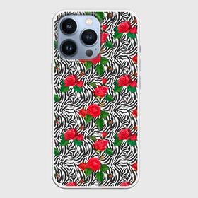 Чехол для iPhone 13 Pro с принтом Полосы Зебры и Красные Розы в городе Новоалтайск,  |  | Тематика изображения на принте: animals | horse | safari | wild horse | zebra | zoo | дикая лошадь | дикая природа | жеребец | животные | звери | зебра | зебра тв | зоопарк | кляча | кобыла | конь | лошадь | полосатая | полоски зебры | пони | розы | сафари
