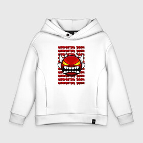 Детское худи Oversize хлопок с принтом GEOMETRY DASH КРАСНЫЙ ОГНЕННЫЙ ДЕМОН в городе Новоалтайск, френч-терри — 70% хлопок, 30% полиэстер. Мягкий теплый начес внутри —100% хлопок | боковые карманы, эластичные манжеты и нижняя кромка, капюшон на магнитной кнопке | 2d | arcade | demon | fire | flame | game | geometry dash | levels | meltdown | robtop | smile | аркада | геометрический тире | демон | огонь | пламя | раннер | смайлы | уровни | эмоции