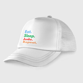 Детская кепка тракер с принтом Eat Sleep Judo Repeat в городе Новоалтайск, Козырек - 100% хлопок. Кепка - 100% полиэстер, Задняя часть - сетка | универсальный размер, пластиковая застёжка | fighter | japan | judo | mma | sport | ufc | warrior | боец | бой | воин | дзюдо | дзюдоист | единоборства | карате | поединок | спорт | спортсмен | чемпион | япония