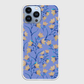 Чехол для iPhone 13 Pro Max с принтом Желтые колокольчики на голубом фоне в городе Новоалтайск,  |  | 8 марта | bells | bud | flowers | leaves | ботаническая иллюстрация | бутон | весна | желтый | колокольчики | лето | листья | праздник | природа | растения | цветы