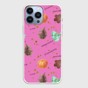 Чехол для iPhone 13 Pro Max с принтом Розовый принт к любому зимнему празднику, с позитивными словами в городе Новоалтайск,  |  | день рождения | дружба | любовь | новый год | подарки | пожелания счастья | позитивные слова | праздник | праздничный бант | праздничный паттерн | рождество | счастье | удача | шишки