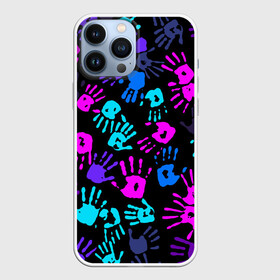 Чехол для iPhone 13 Pro Max с принтом Следы неоновых рук в городе Новоалтайск,  |  | ладонь | неон | ноновый | отпечаток | паттерн | рука | след