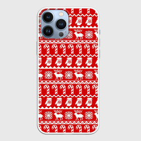 Чехол для iPhone 13 Pro Max с принтом Новогодний принт с оленями, снежинками, варежками и леденцами в городе Новоалтайск,  |  | Тематика изображения на принте: варежки | зима | зимний | красный | леденцы | новогодний | новый год | олени | орнамент | снежинки | узор
