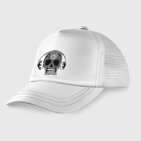 Детская кепка тракер с принтом Musical skull в городе Новоалтайск, Козырек - 100% хлопок. Кепка - 100% полиэстер, Задняя часть - сетка | универсальный размер, пластиковая застёжка | headphones | music | piano | skull | музыка | наушники | пианино | узоры | чреп
