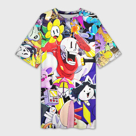 Платье-футболка 3D с принтом UNDERTALE ГЕРОИ ИГРЫ ПАТТЕРН в городе Новоалтайск,  |  | asriel dreemurr | chara | frisk | gaster blaster | heart | sans | undertale | азриэль дримурр | андертейл | гастер | меттатон | санс | сердце | фриск | чара