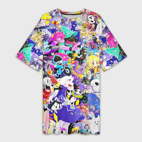 Платье-футболка 3D с принтом UNDERTALE PATTERN HEROES, ВСЕ ГЕРОИ ИГРЫ в городе Новоалтайск,  |  | asriel dreemurr | chara | frisk | gaster blaster | heart | sans | undertale | азриэль дримурр | андертейл | гастер | меттатон | санс | сердце | фриск | чара